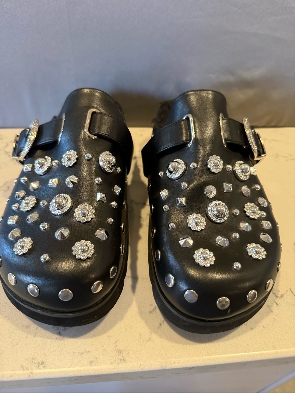 Black Studded Leather Clog Mules with Buckle Detail